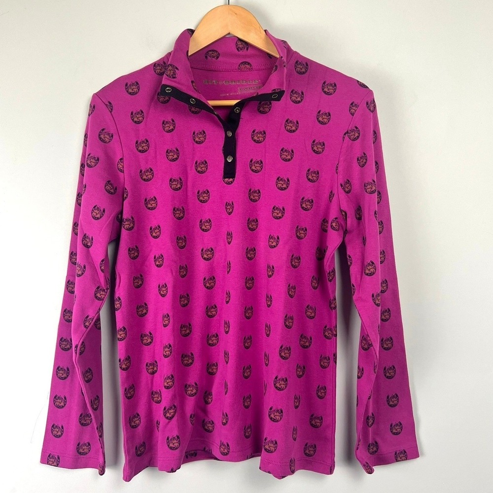 Bit & Bridle Pink Equestrian Horse Print Quarter Snap Mock Neck Top L Western